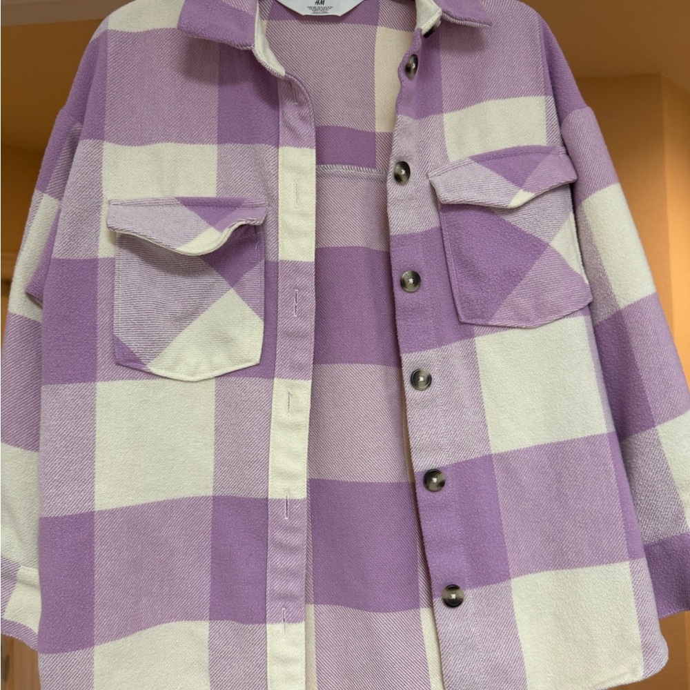 Purple and White Plaid Button-Up Shirt